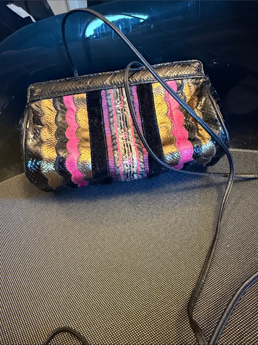 Vintage Carlos Falchi Black with Pink & Gold Embroidered Striped Women’s Clutch